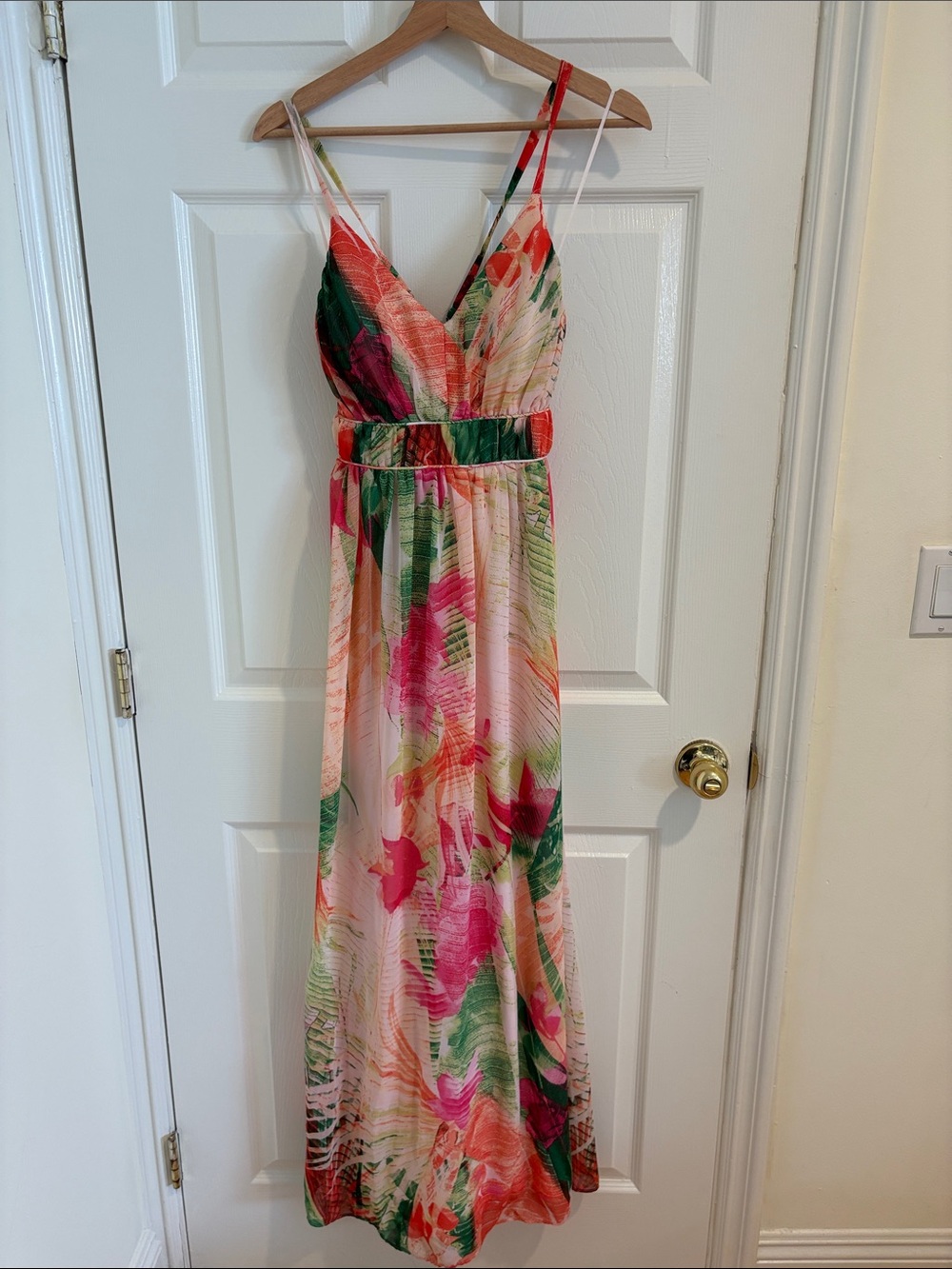 VENUS Floral V-Neck Spaghetti-Strap Maxi Dress in Pink and Green